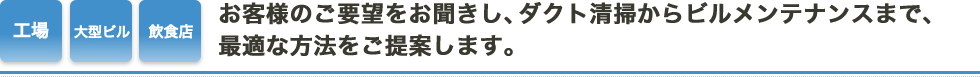 お客様のご要望をお聞きし、ダクト清掃からビルメンテナンスまで、最適な方法をご提案します。