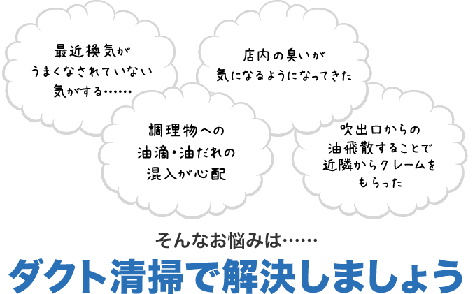 最近換気がうまくなされていない気がする……　店内の臭いが気になるようになってきた　調理物への油滴・油だれの混入が心配　調理物への油滴・油だれの混入が心配　そんなお悩みは……ダクト清掃で解決しましょう